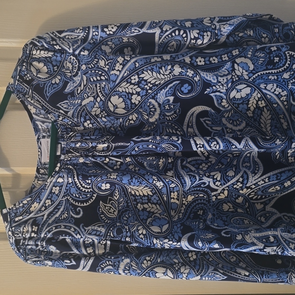 LIZ CLAIBORNE BRAND WOMENS PETITE BLUE FLORAL LONG SLEEVES TOP SIZE PL